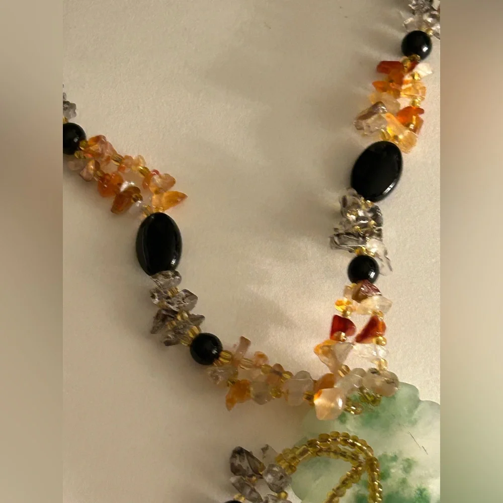 Necklace Artisan Jade flower tassel, Onyx, Rutilated Quartz, Carnelian beads